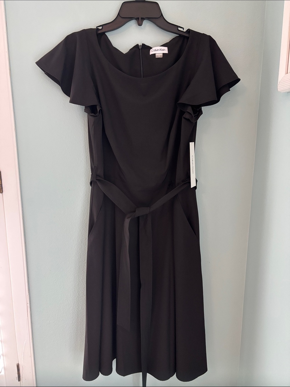 Calvin Klein Black Midi Dress with Flutter Sleeves and Waist Tie NWT size 10